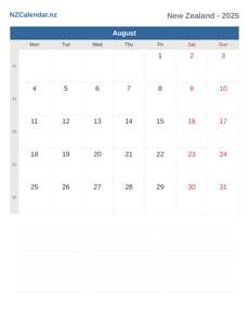 Calendar 2025 August