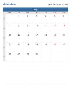 Calendar 2025 July