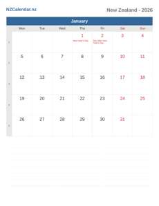 Calendar 2026 January