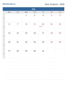 Calendar 2026 July