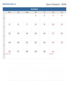 Calendar 2026 October