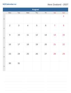 Calendar 2027 August