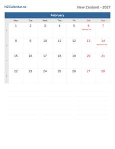 Calendar 2027 February