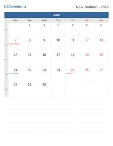Calendar 2027 June