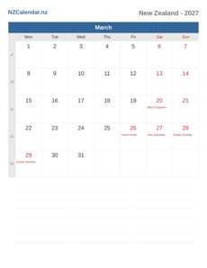 Calendar 2027 March