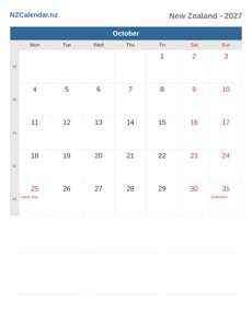 Calendar 2027 October