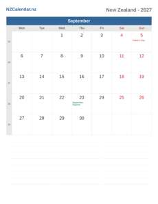 Calendar 2027 September