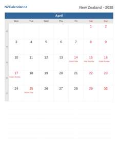 Calendar 2028 April