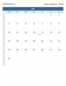 Calendar 2028 July