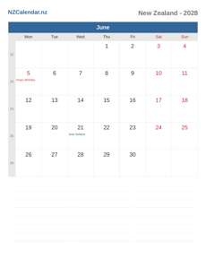 Calendar 2028 June