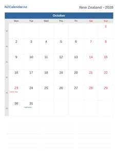 Calendar 2028 October