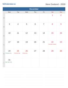 Calendar 2029 December