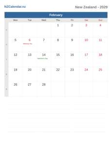 Calendar 2029 February