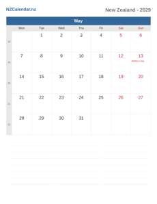 Calendar 2029 May